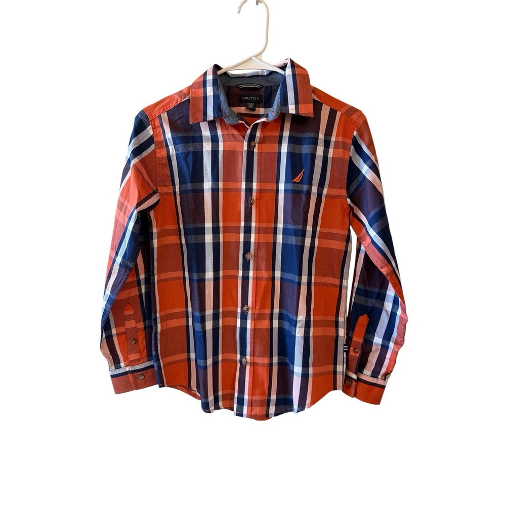 Nautica Boys Blue Orange Plaid Button Down Shirt M 10/12 Preppy Coastal